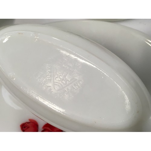 106 - Pyrex JAJ June Rose vintage dinner service to include casserole dishes, dinner plates, side plates e... 