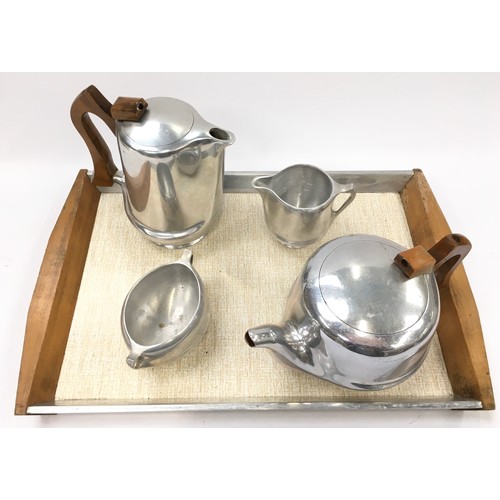 66 - Picquot Ware four piece mid century century tea set with tray.