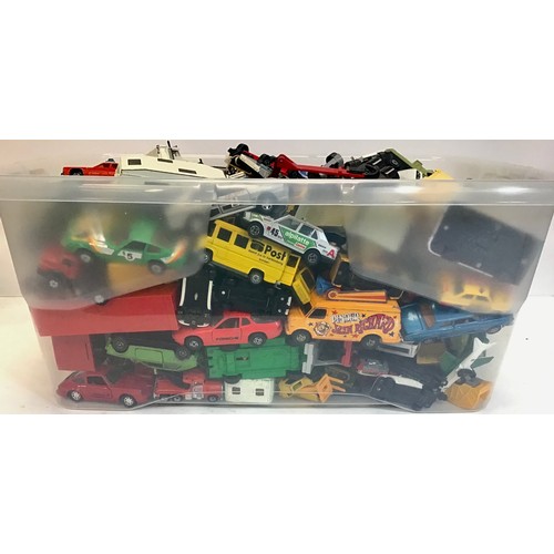 9 - Large box of various die-cast cars - lorries - vans - transporters - caravans etc. various makes to ... 