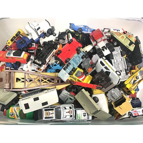 9 - Large box of various die-cast cars - lorries - vans - transporters - caravans etc. various makes to ... 