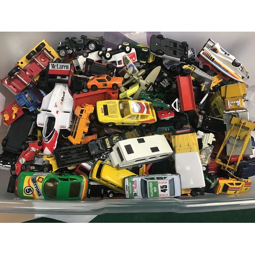 9 - Large box of various die-cast cars - lorries - vans - transporters - caravans etc. various makes to ... 