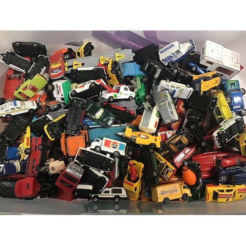 9 - Large box of various die-cast cars - lorries - vans - transporters - caravans etc. various makes to ... 