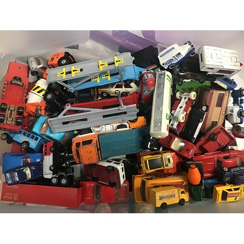 9 - Large box of various die-cast cars - lorries - vans - transporters - caravans etc. various makes to ... 