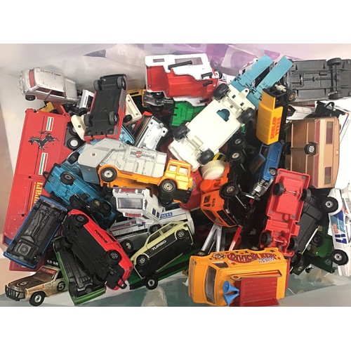 9 - Large box of various die-cast cars - lorries - vans - transporters - caravans etc. various makes to ... 