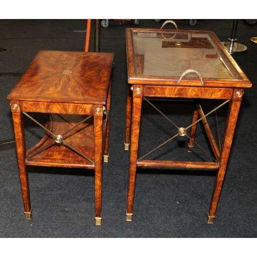 482 - A Neoclassical style burr walnut veneer table featuring classical tapered legs with brass feet and a... 