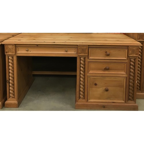 459 - Solid pine desk having 3 side draws and centre draw with turned decoration and carved motifs 85x155x... 