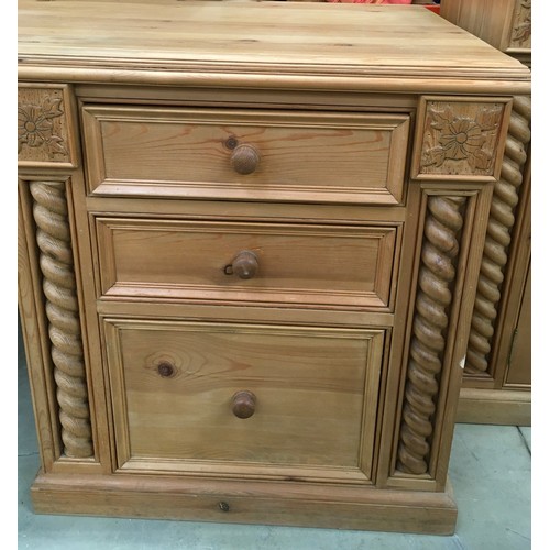 459 - Solid pine desk having 3 side draws and centre draw with turned decoration and carved motifs 85x155x... 