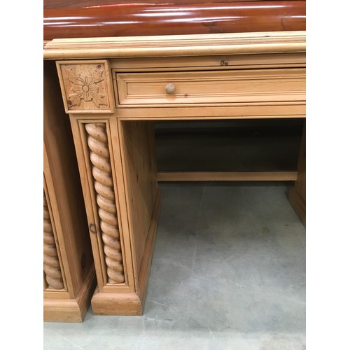 459 - Solid pine desk having 3 side draws and centre draw with turned decoration and carved motifs 85x155x... 