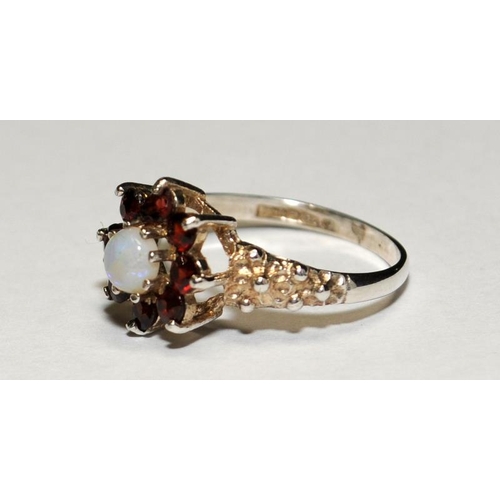 408 - Fiery opal/garnet sterling silver cluster ring size N