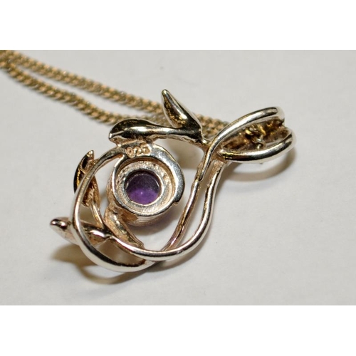 490 - Amethyst .925 silver foliage designed pendant