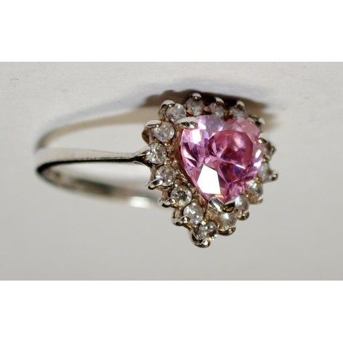 486 - Pink CZ .925 silver love heart ring size P