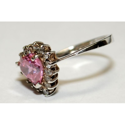 486 - Pink CZ .925 silver love heart ring size P