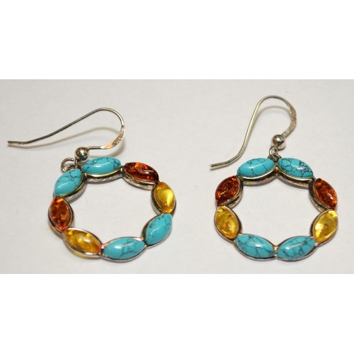 513 - Turquoise and honey amber .925 silver hoop earrings