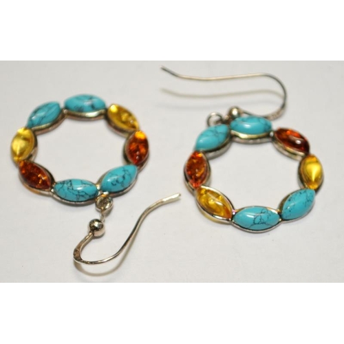 513 - Turquoise and honey amber .925 silver hoop earrings