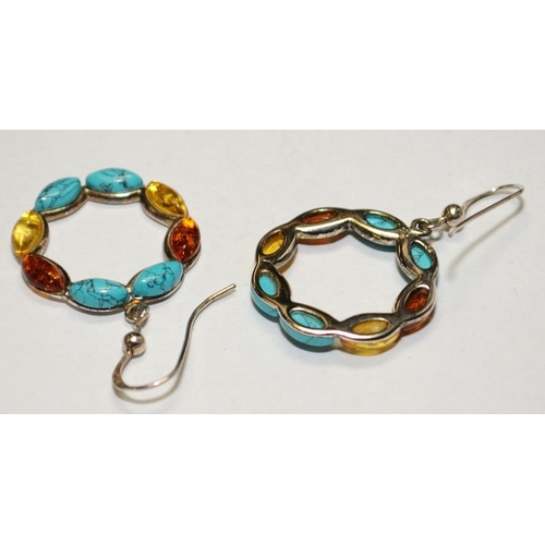 513 - Turquoise and honey amber .925 silver hoop earrings