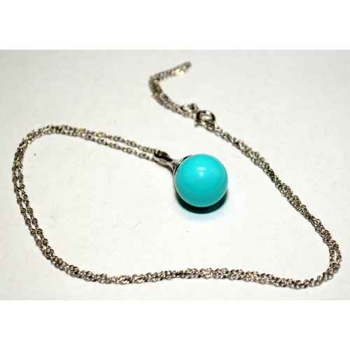 424 - Turquoise ball white gold on silver pendant and earrings