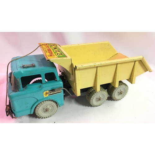 29 - Louis Marx (Great Britain) Powerhouse Series Hydraulic Dump Truck with  brick blue cab and cream bac... 