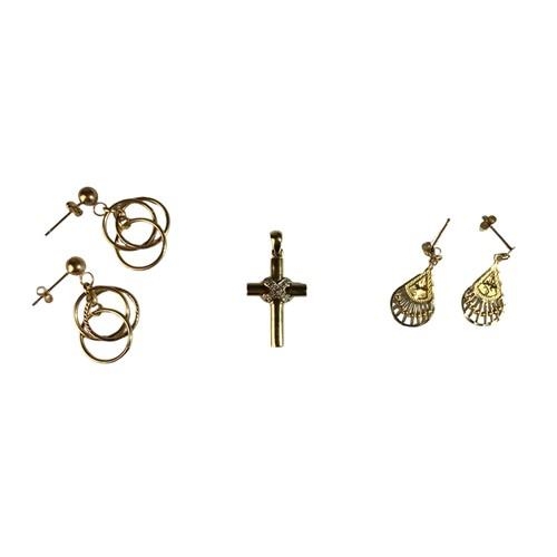 499 - A 9ct Gold Diamond Chip Crucifix, together with 2 Pairs 9ct Gold Earrings. 5.6g