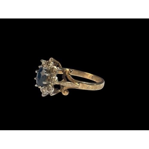 533 - A 9ct Gold Ladies Diamond & Sapphire Cluster Ring. H/M Dia in ring. Size M