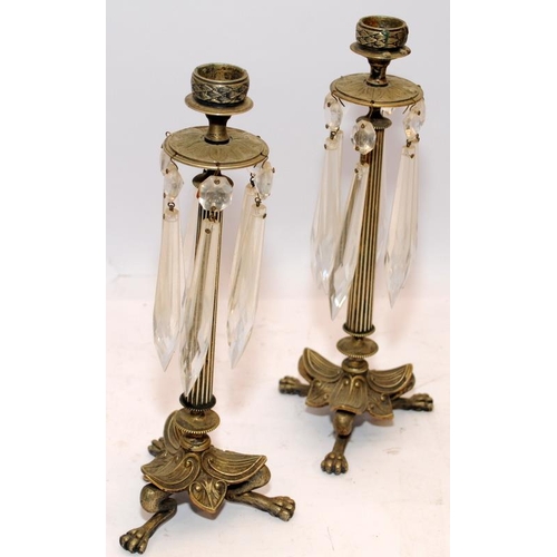 182 - Pair of French Empirical candlesticks with cut glass drops. 26.5cms tall