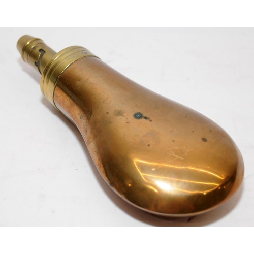 278 - Antique Sykes copper and brass powder flask. 16cms