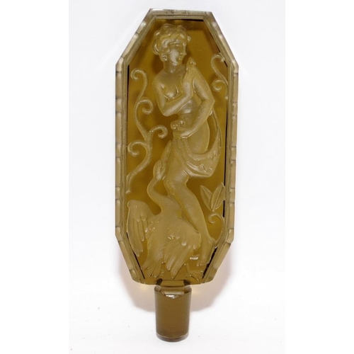 283 - Art Deco perfume bottle with gilded accents and a large moulded glass stopper featuring a Classical ... 