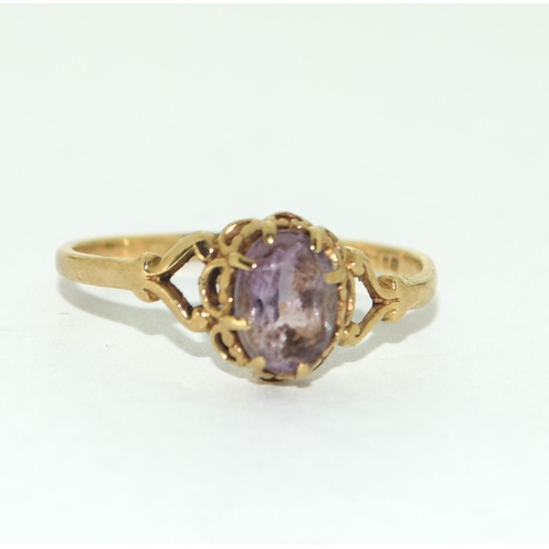 418 - 9ct gold ladies Amethyst ring size  O