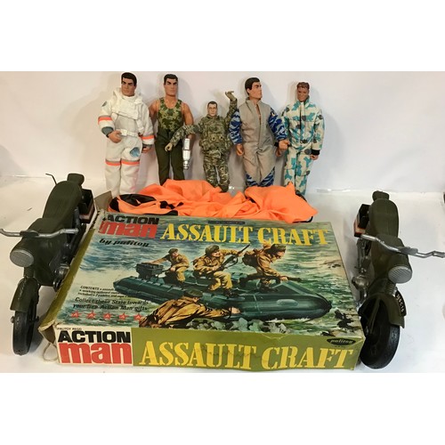 37 - Action men and transportation vehicles. There are 5 figures here along with 2 motorbikes and a boxed... 