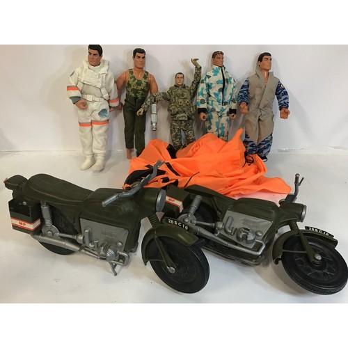 37 - Action men and transportation vehicles. There are 5 figures here along with 2 motorbikes and a boxed... 