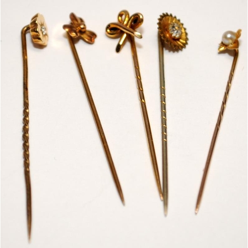 378 - Collection of vintage yellow metal tie pins, some marked 9ct