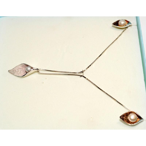 380 - Boxed Eternal cultured pearl 925 silver Lily necklace and earrings.