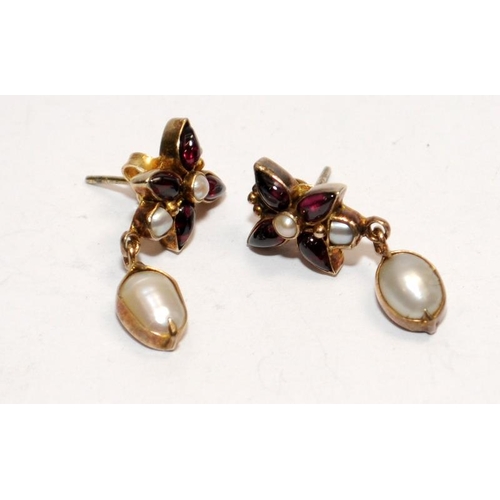 520 - Antique Rhodolite Garnet/Seed pearl silver gilt earrings.