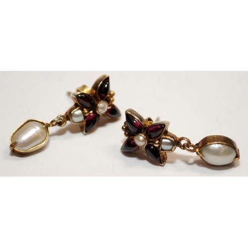 520 - Antique Rhodolite Garnet/Seed pearl silver gilt earrings.