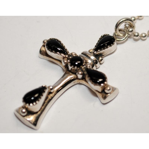 428 - Large black onyx 925 silver crucifix and popcorn chain.