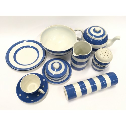 236 - T.G. Green & Co Cornish Kitchen Ware blue and white good collection to include teapot, rolling pin, ... 