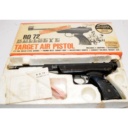 247 - Vintage Sussex Armoury RO72 Panther Deluxe Bullseye target air pistol in original box. Cocks and dis... 