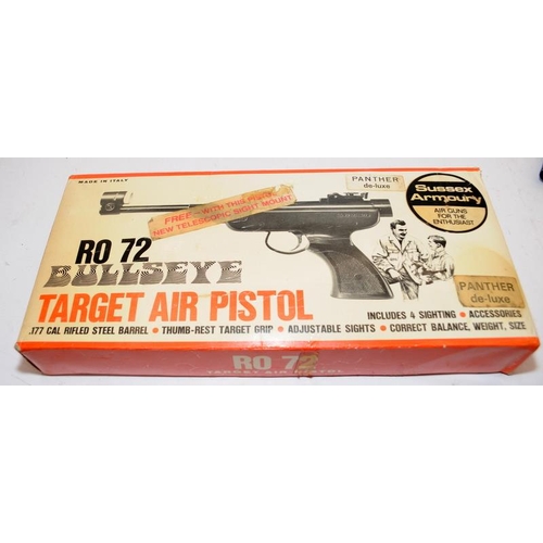 247 - Vintage Sussex Armoury RO72 Panther Deluxe Bullseye target air pistol in original box. Cocks and dis... 