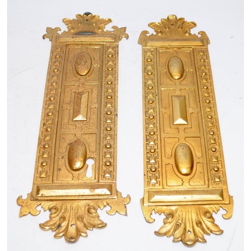 293 - A collection of antique solid brass door finger plates. 9 in total, the largest being approx 30cms. ... 