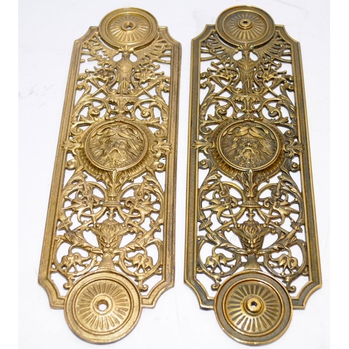 293 - A collection of antique solid brass door finger plates. 9 in total, the largest being approx 30cms. ... 