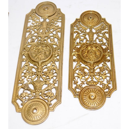 293 - A collection of antique solid brass door finger plates. 9 in total, the largest being approx 30cms. ... 