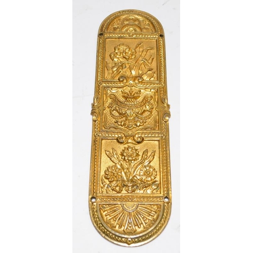 293 - A collection of antique solid brass door finger plates. 9 in total, the largest being approx 30cms. ... 