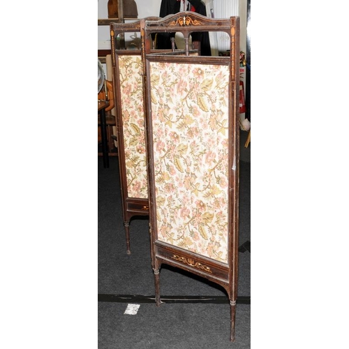 297 - Vintage 3 panel screen divider, inlaid wood frame with fabric panels. O/all 160cms wide x 150cms tal... 