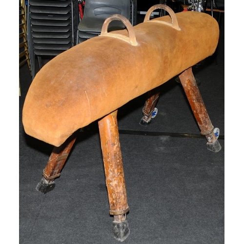 298 - Vintage wood framed suede covered pommel/vaulting gym horse. 165cms across on height adjustable legs