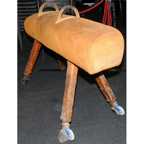 298 - Vintage wood framed suede covered pommel/vaulting gym horse. 165cms across on height adjustable legs