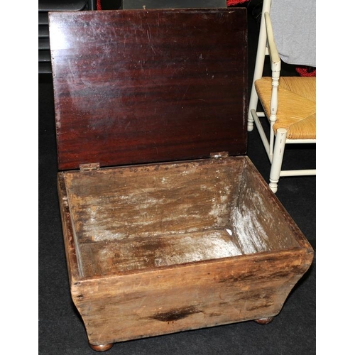 311 - Antique small coffer on bun feet with later lid. 70cms wide x 54 cms deep x 40cms tall