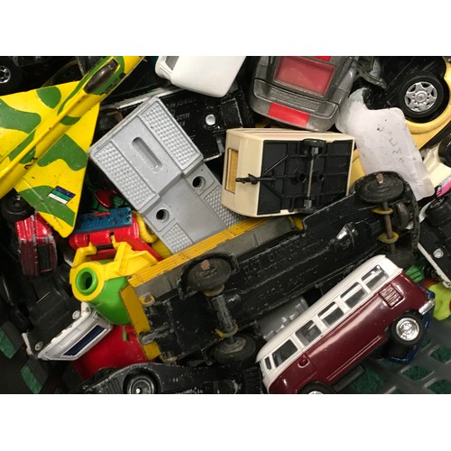 146 - Large box of playworn die cast cars to include Dinky.