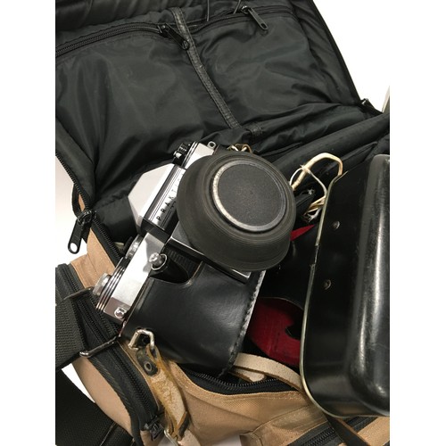 366 - Practica camera in travel case with misc lens and equipment, Binoculars, Brass compass together a po... 