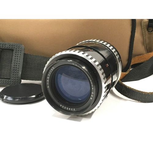 366 - Practica camera in travel case with misc lens and equipment, Binoculars, Brass compass together a po... 