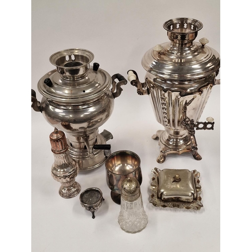 354 - 2 vintage samovar style silver plate Tea urns and misc silver plate.