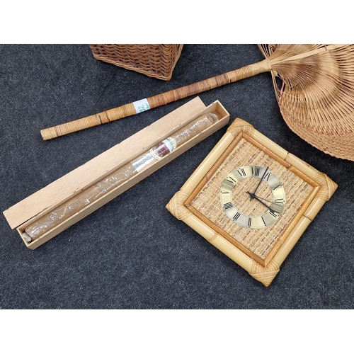 362 - Large vintage palm leaf  woven fan, bottle basket clock and large boxed display cigar